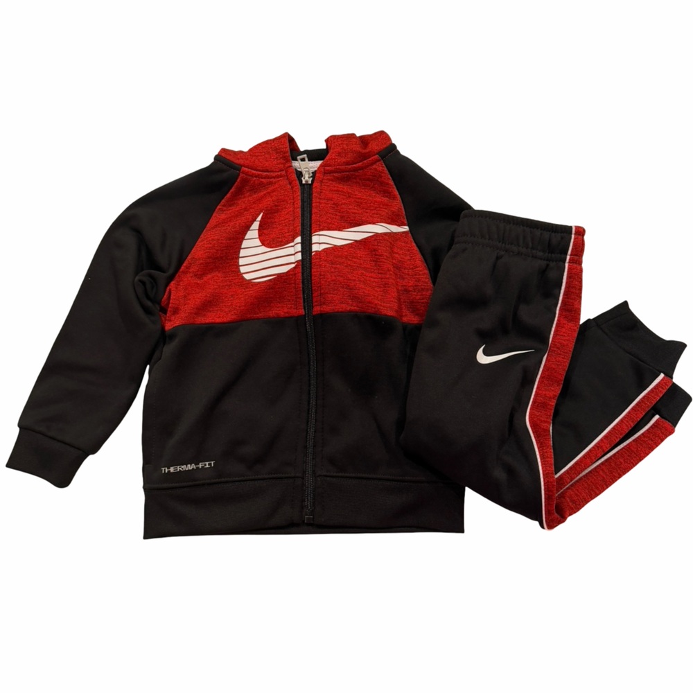 Nike Therma-Fit Toddler Zip Hooded Jacket and Pants Set 24M Red Black - Picture 2 of 6